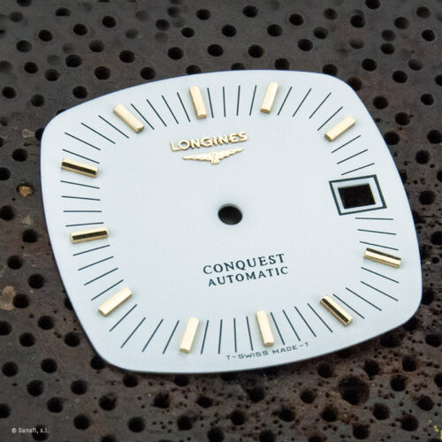 Restaurar esfera de reloj Longines Conquest. Cambiar color plateado a lacado blanco.